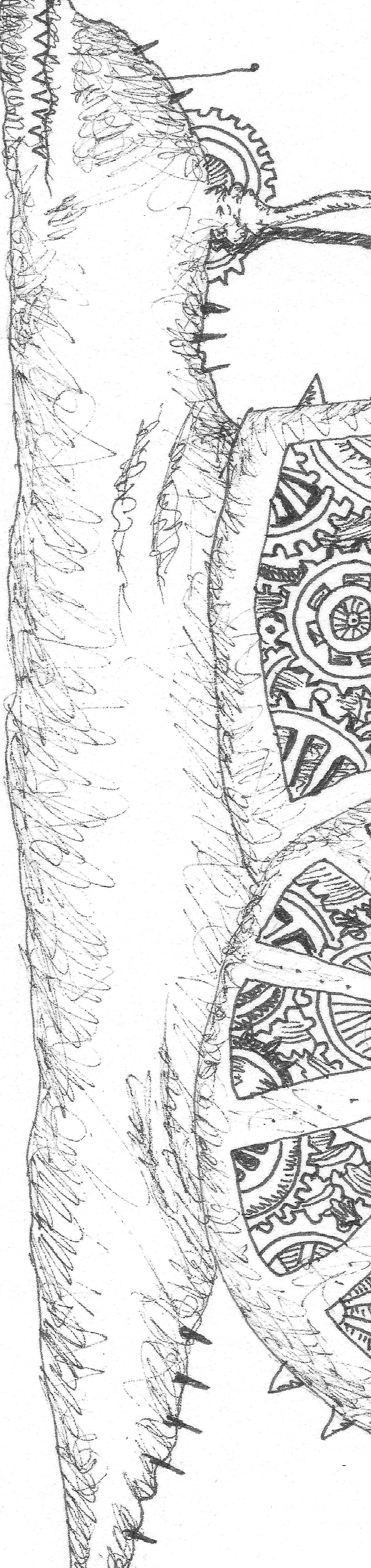 Pen-and-ink detail of a scaled creature beside ornate mandala discs.